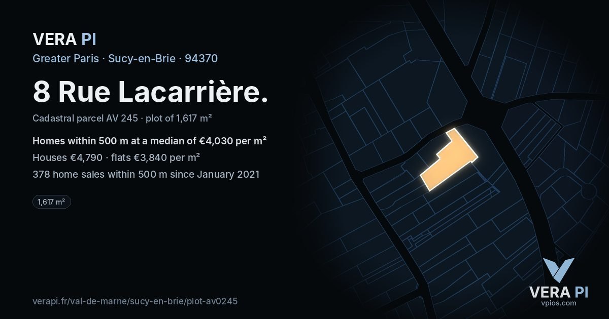 8 Rue Lacarrière, Sucy-en-Brie at night – the plot lit, the parcels around coloured by the prices near them