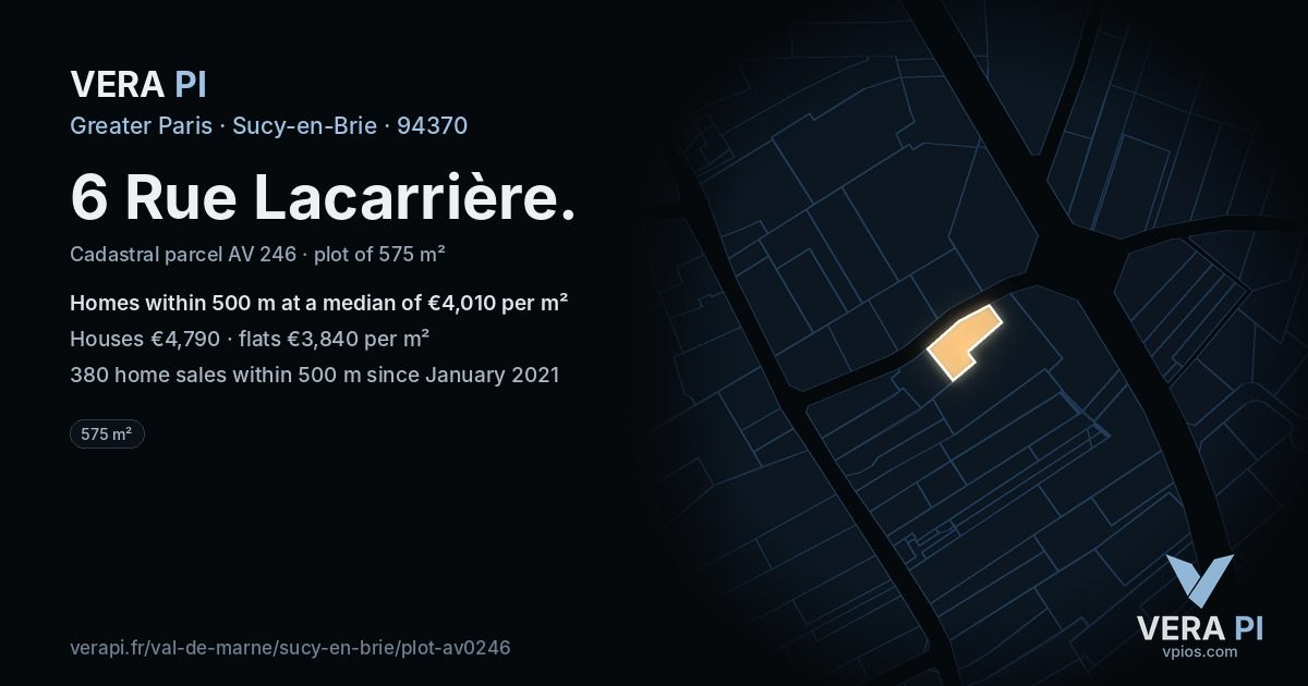 6 Rue Lacarrière, Sucy-en-Brie at night – the plot lit, the parcels around coloured by the prices near them
