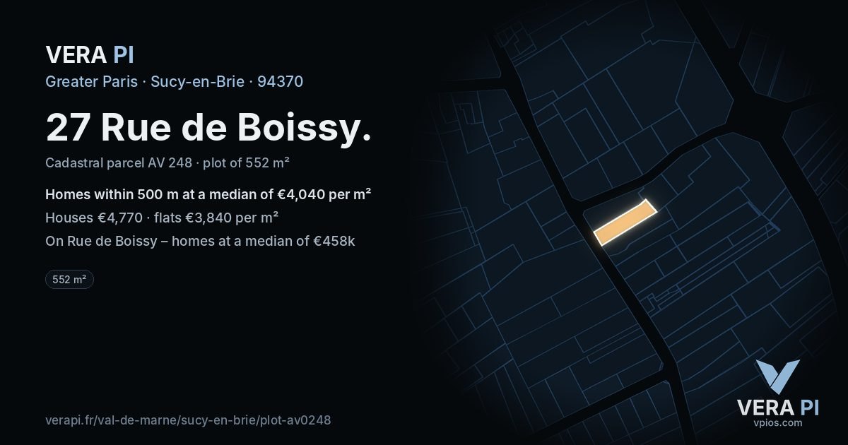 27 Rue de Boissy, Sucy-en-Brie at night – the plot lit, the parcels around coloured by the prices near them