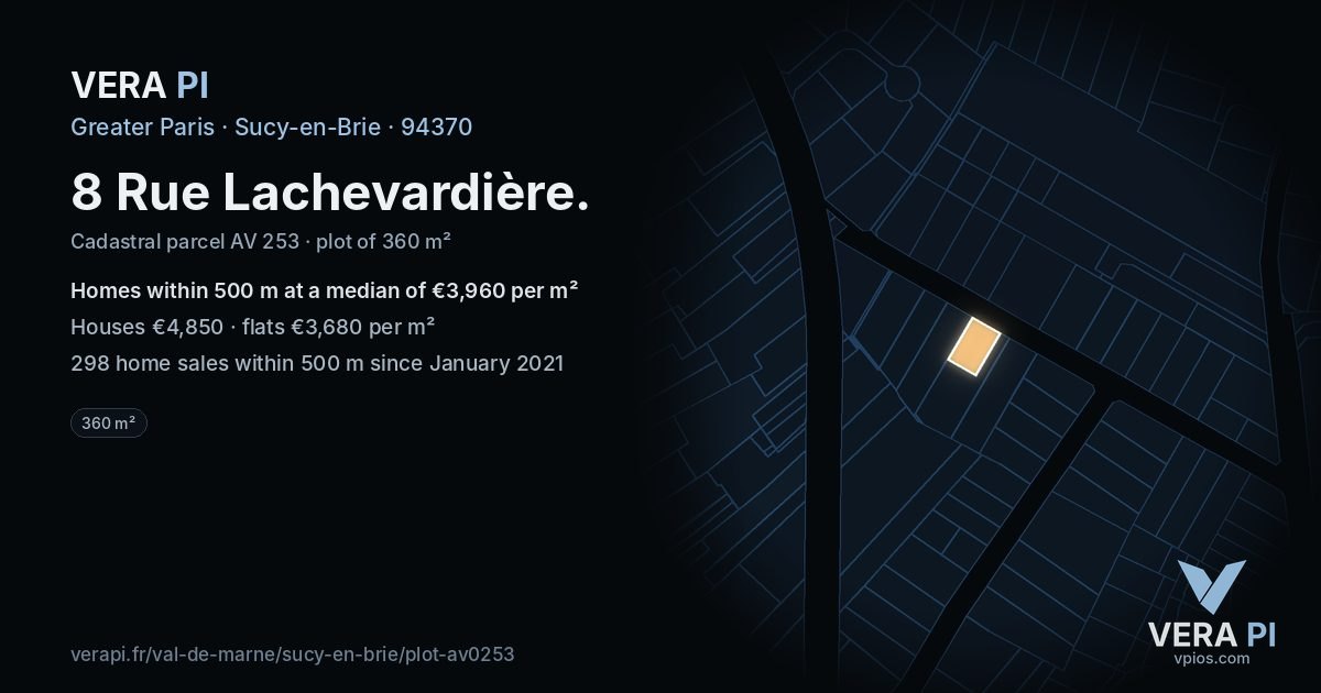 8 Rue Lachevardière, Sucy-en-Brie at night – the plot lit, the parcels around coloured by the prices near them