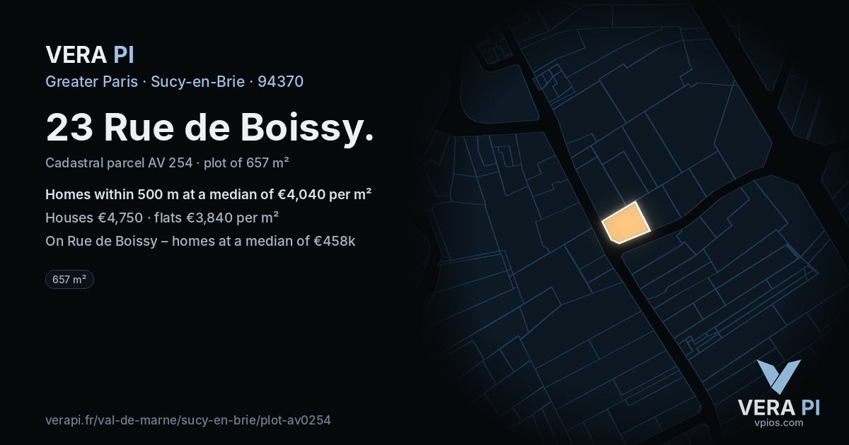 23 Rue de Boissy, Sucy-en-Brie at night – the plot lit, the parcels around coloured by the prices near them