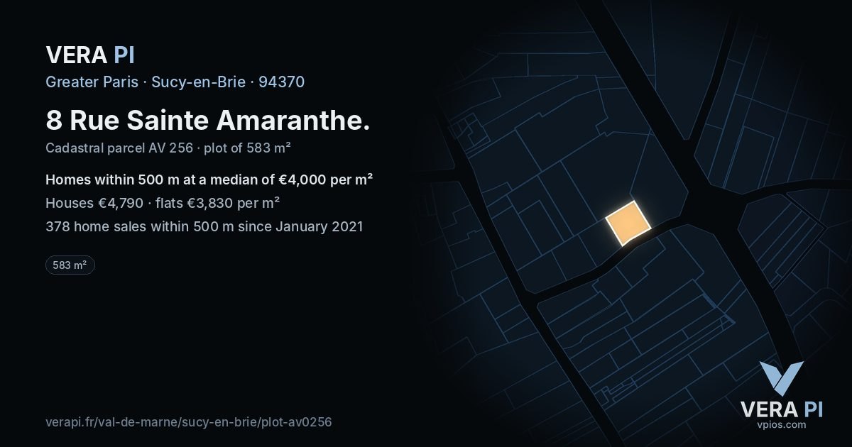 8 Rue Sainte Amaranthe, Sucy-en-Brie at night – the plot lit, the parcels around coloured by the prices near them