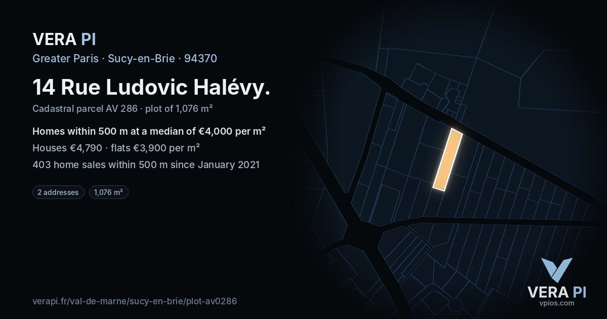 14 Rue Ludovic Halévy, Sucy-en-Brie at night – the plot lit, the parcels around coloured by the prices near them