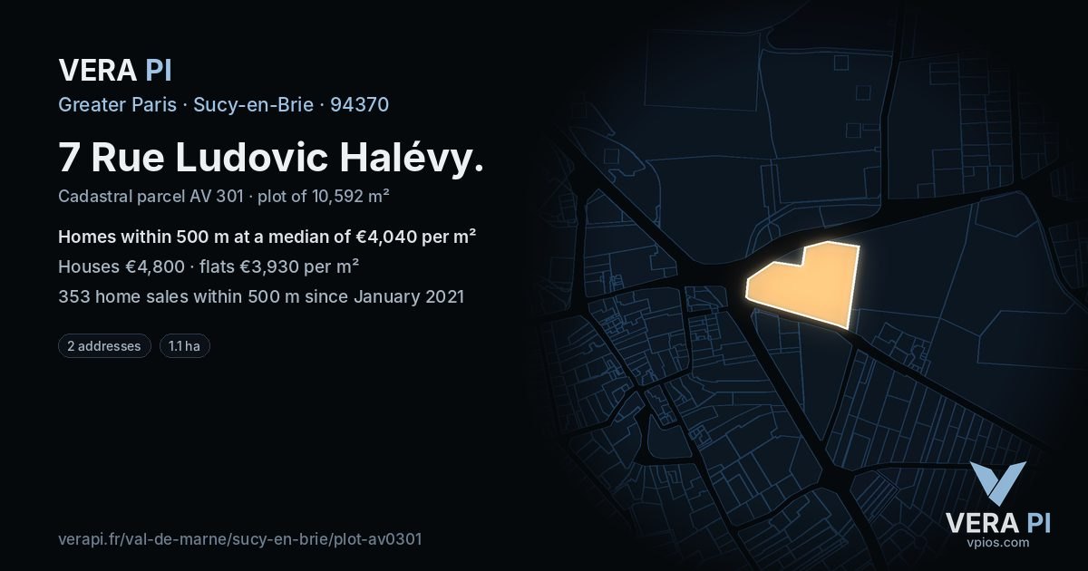 7 Rue Ludovic Halévy, Sucy-en-Brie at night – the plot lit, the parcels around coloured by the prices near them