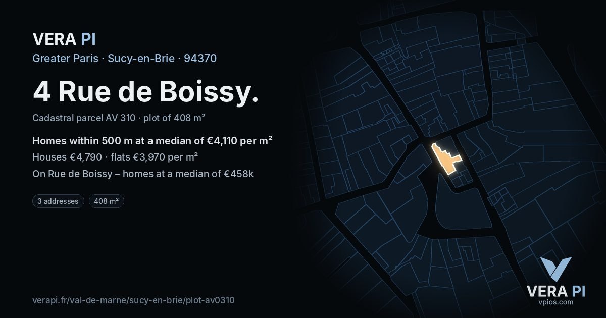 4 Rue de Boissy, Sucy-en-Brie at night – the plot lit, the parcels around coloured by the prices near them