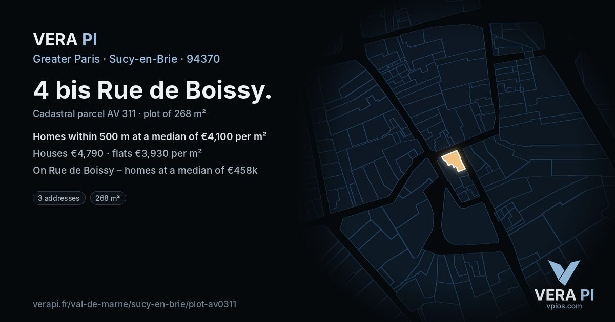 4 bis Rue de Boissy, Sucy-en-Brie at night – the plot lit, the parcels around coloured by the prices near them