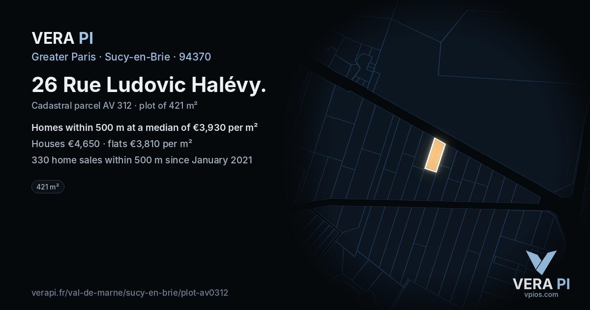 26 Rue Ludovic Halévy, Sucy-en-Brie at night – the plot lit, the parcels around coloured by the prices near them
