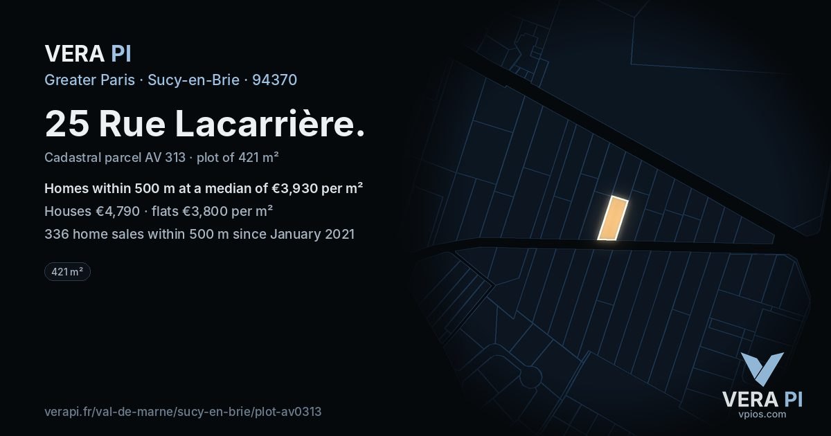 25 Rue Lacarrière, Sucy-en-Brie at night – the plot lit, the parcels around coloured by the prices near them