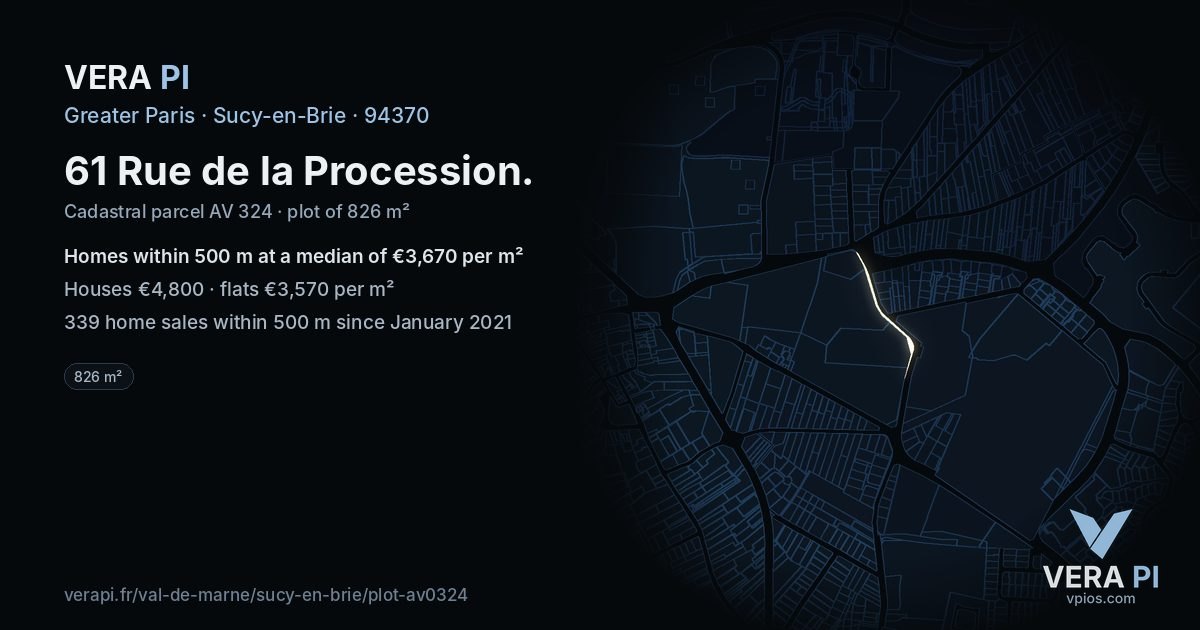 61 Rue de la Procession, Sucy-en-Brie at night – the plot lit, the parcels around coloured by the prices near them