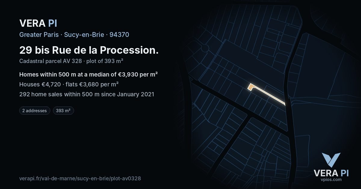 29 bis Rue de la Procession, Sucy-en-Brie at night – the plot lit, the parcels around coloured by the prices near them