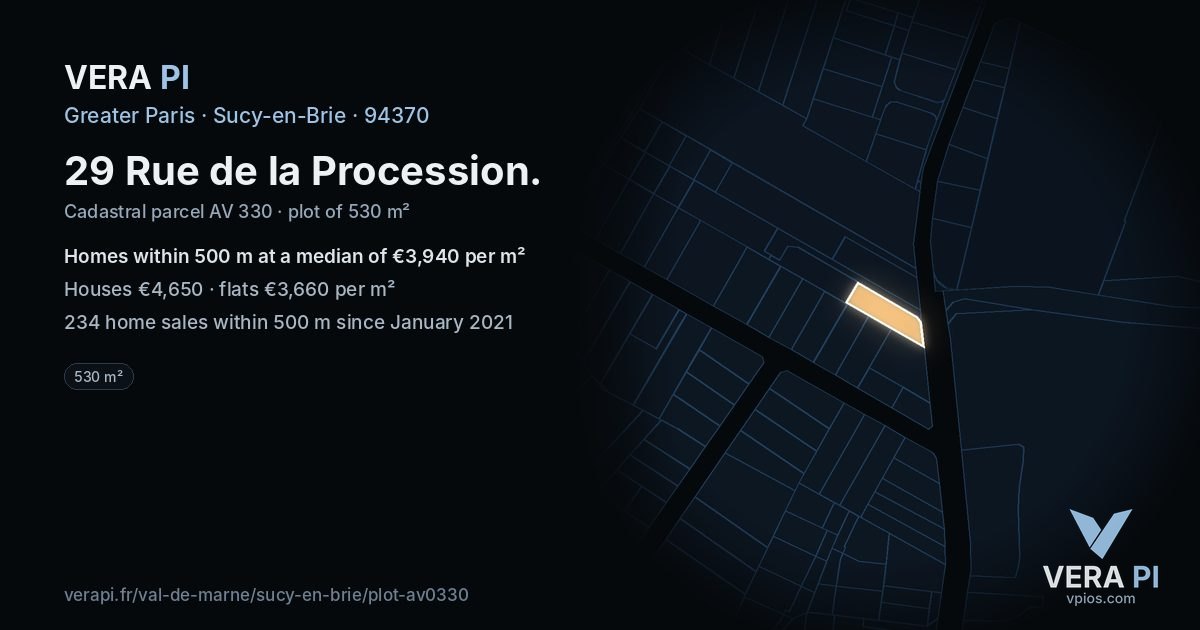 29 Rue de la Procession, Sucy-en-Brie at night – the plot lit, the parcels around coloured by the prices near them