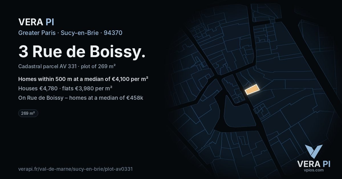 3 Rue de Boissy, Sucy-en-Brie at night – the plot lit, the parcels around coloured by the prices near them