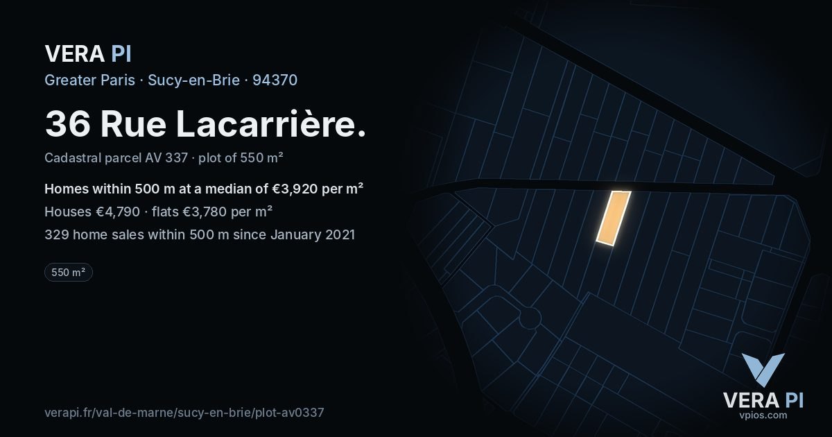 36 Rue Lacarrière, Sucy-en-Brie at night – the plot lit, the parcels around coloured by the prices near them