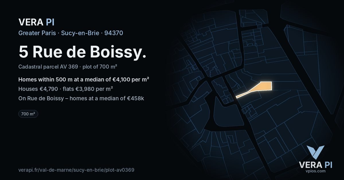 5 Rue de Boissy, Sucy-en-Brie at night – the plot lit, the parcels around coloured by the prices near them