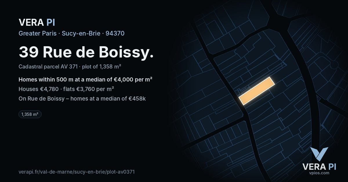 39 Rue de Boissy, Sucy-en-Brie at night – the plot lit, the parcels around coloured by the prices near them