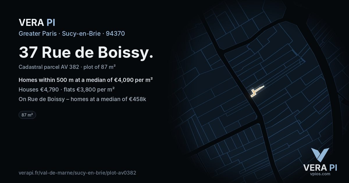 37 Rue de Boissy, Sucy-en-Brie at night – the plot lit, the parcels around coloured by the prices near them