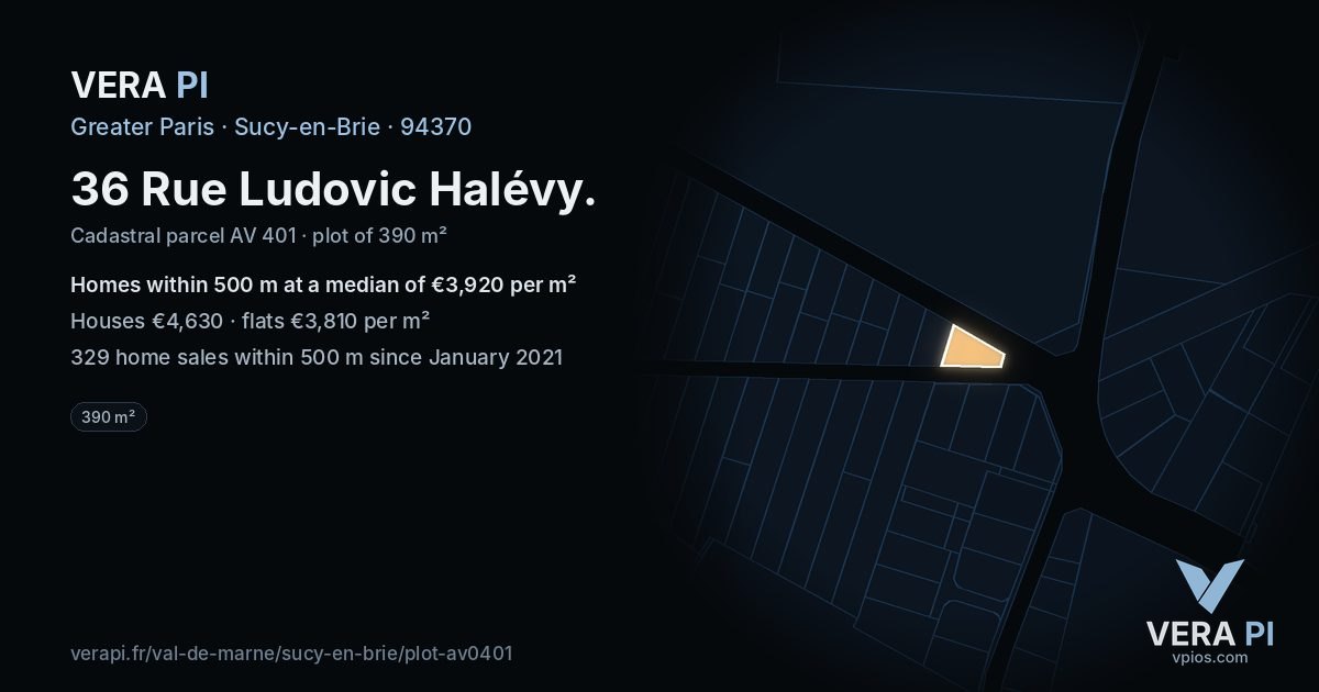 36 Rue Ludovic Halévy, Sucy-en-Brie at night – the plot lit, the parcels around coloured by the prices near them
