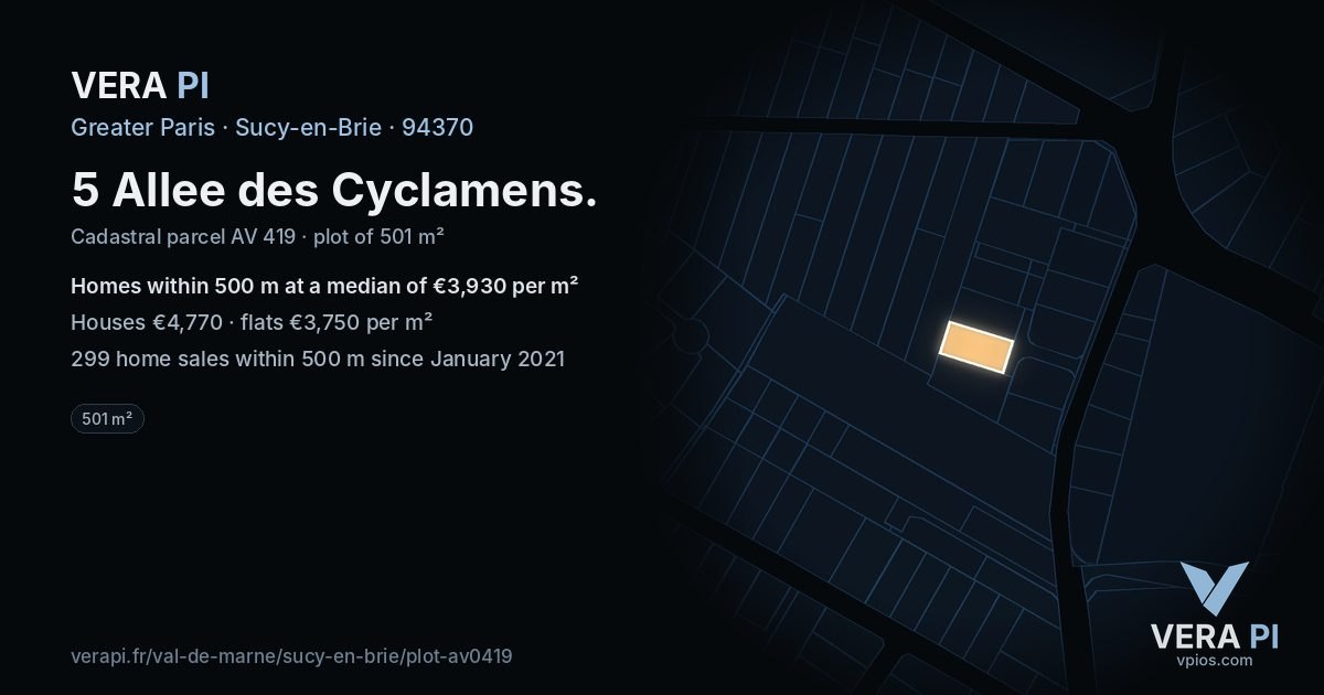 5 Allee des Cyclamens, Sucy-en-Brie at night – the plot lit, the parcels around coloured by the prices near them
