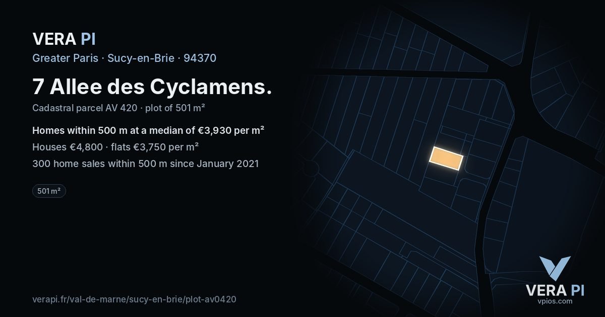 7 Allee des Cyclamens, Sucy-en-Brie at night – the plot lit, the parcels around coloured by the prices near them