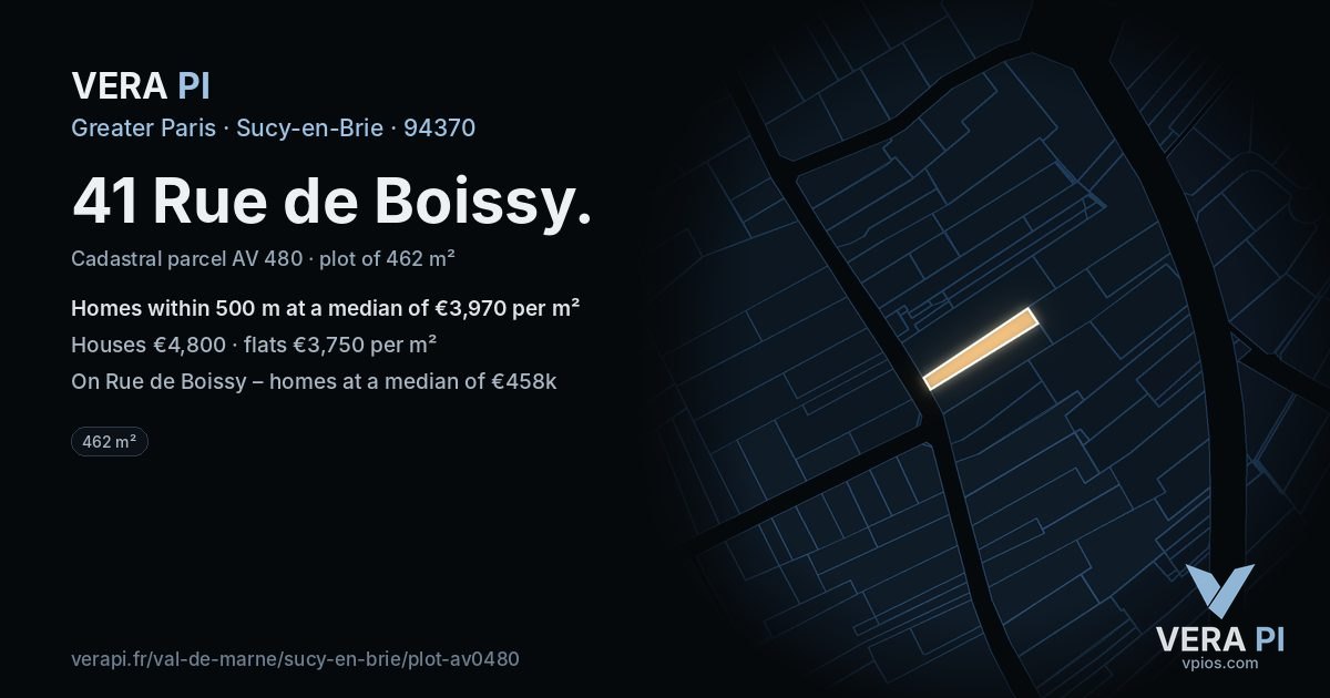 41 Rue de Boissy, Sucy-en-Brie at night – the plot lit, the parcels around coloured by the prices near them