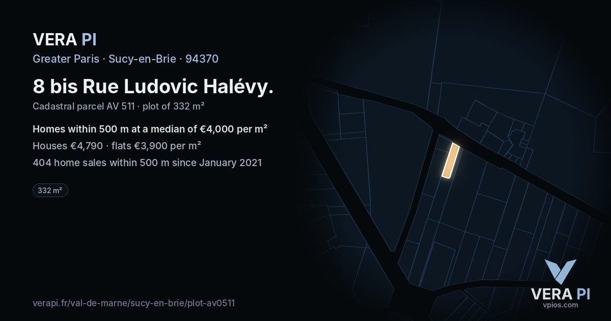 8 bis Rue Ludovic Halévy, Sucy-en-Brie at night – the plot lit, the parcels around coloured by the prices near them