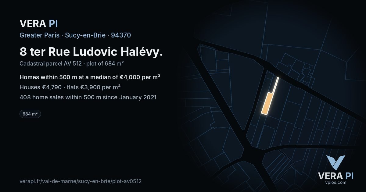 8 ter Rue Ludovic Halévy, Sucy-en-Brie at night – the plot lit, the parcels around coloured by the prices near them