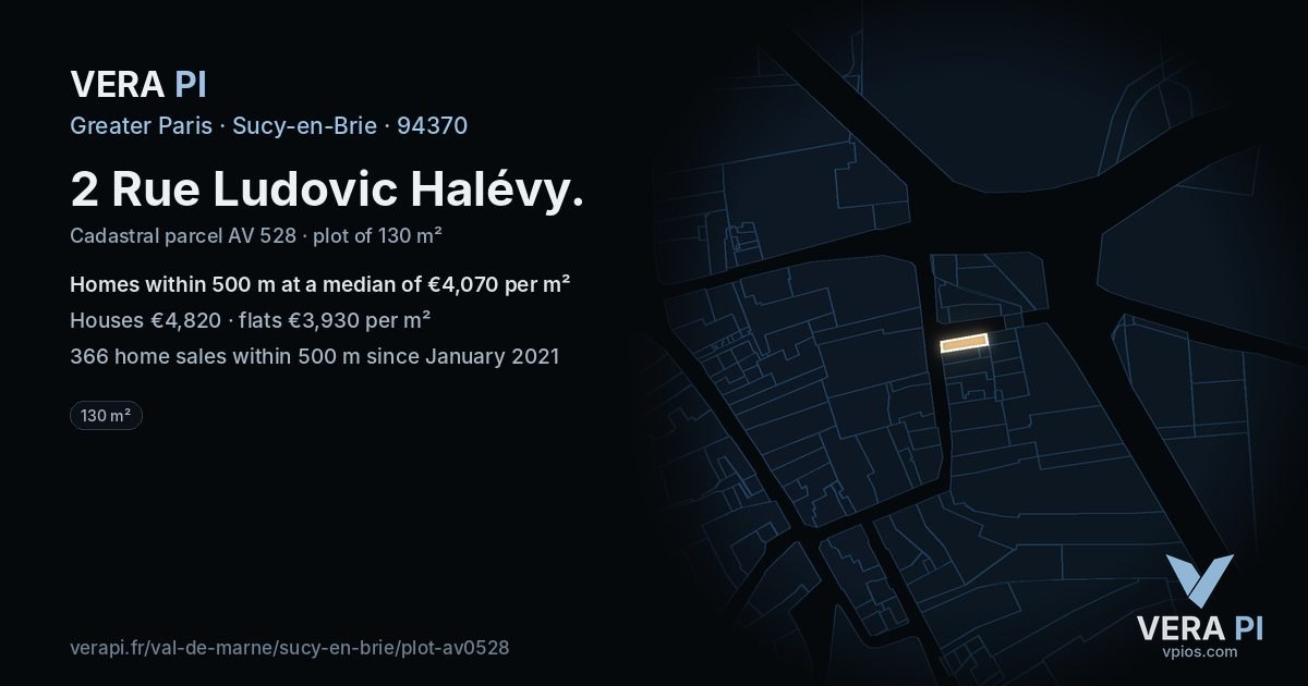 2 Rue Ludovic Halévy, Sucy-en-Brie at night – the plot lit, the parcels around coloured by the prices near them