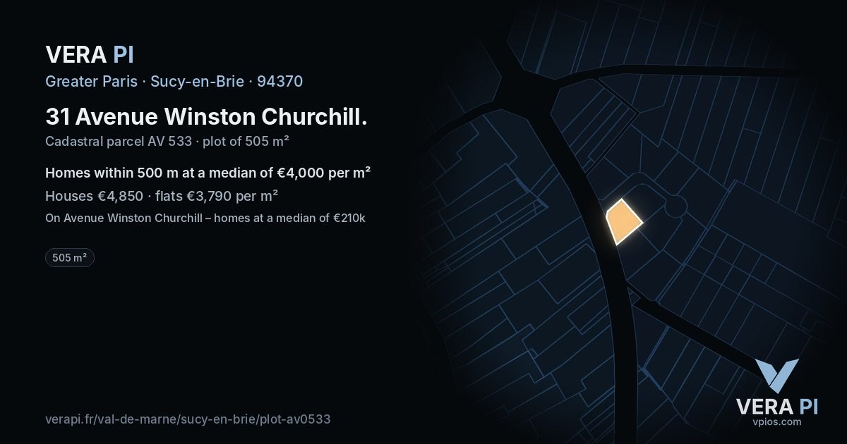 31 Avenue Winston Churchill, Sucy-en-Brie at night – the plot lit, the parcels around coloured by the prices near them