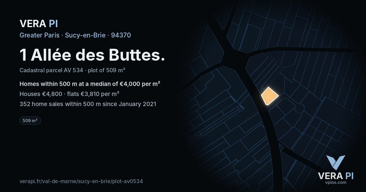 1 Allée des Buttes, Sucy-en-Brie at night – the plot lit, the parcels around coloured by the prices near them