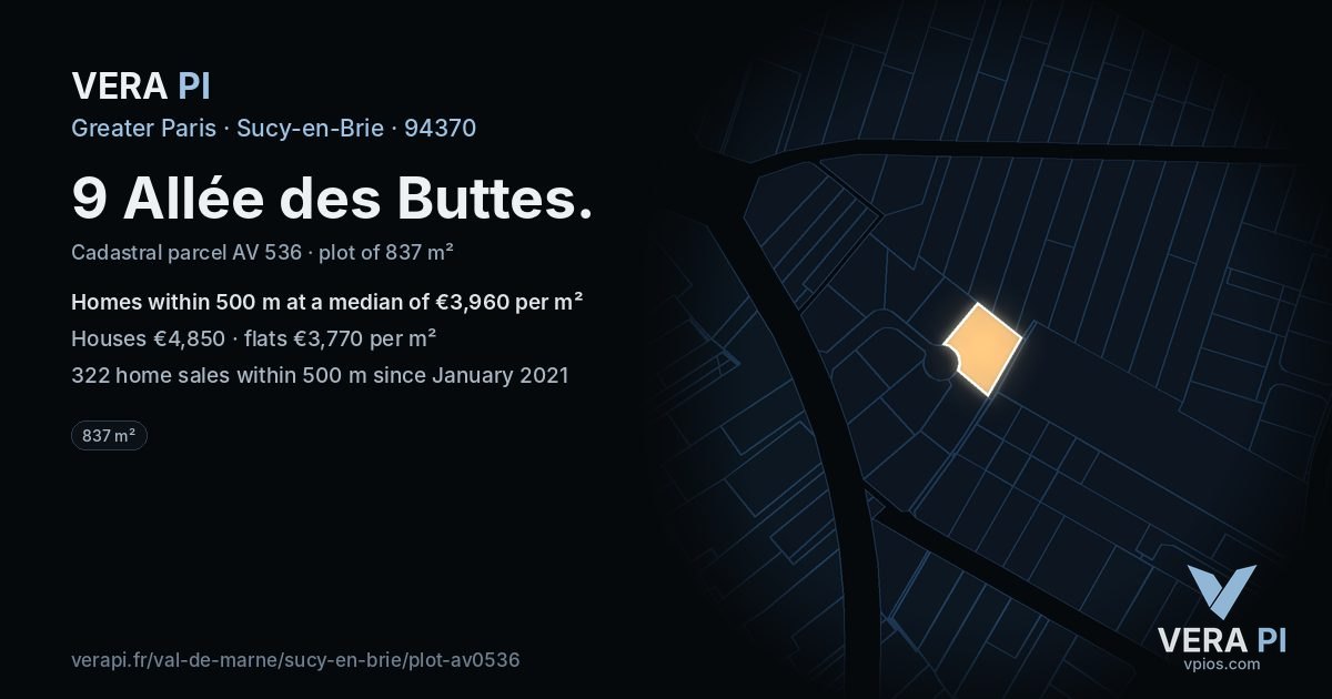 9 Allée des Buttes, Sucy-en-Brie at night – the plot lit, the parcels around coloured by the prices near them