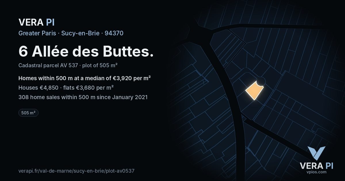 6 Allée des Buttes, Sucy-en-Brie at night – the plot lit, the parcels around coloured by the prices near them