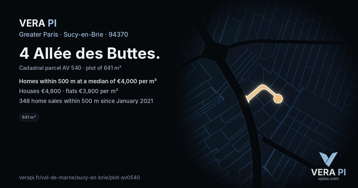 4 Allée des Buttes, Sucy-en-Brie at night – the plot lit, the parcels around coloured by the prices near them