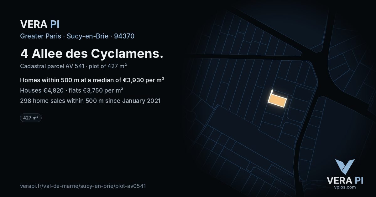 4 Allee des Cyclamens, Sucy-en-Brie at night – the plot lit, the parcels around coloured by the prices near them