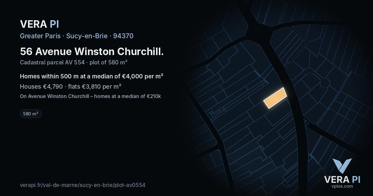 56 Avenue Winston Churchill, Sucy-en-Brie at night – the plot lit, the parcels around coloured by the prices near them