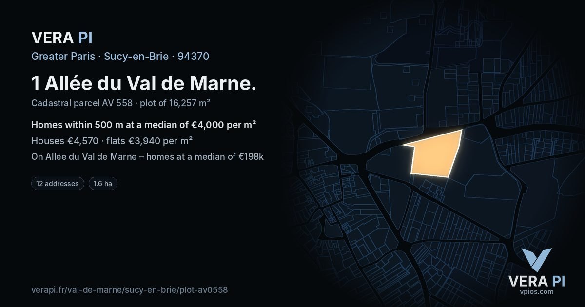 1 Allée du Val de Marne, Sucy-en-Brie at night – the plot lit, the parcels around coloured by the prices near them