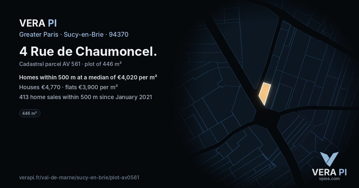 4 Rue de Chaumoncel, Sucy-en-Brie at night – the plot lit, the parcels around coloured by the prices near them