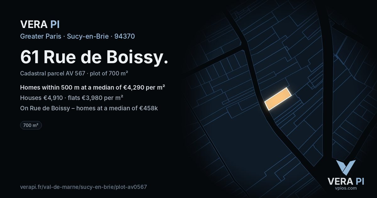 61 Rue de Boissy, Sucy-en-Brie at night – the plot lit, the parcels around coloured by the prices near them