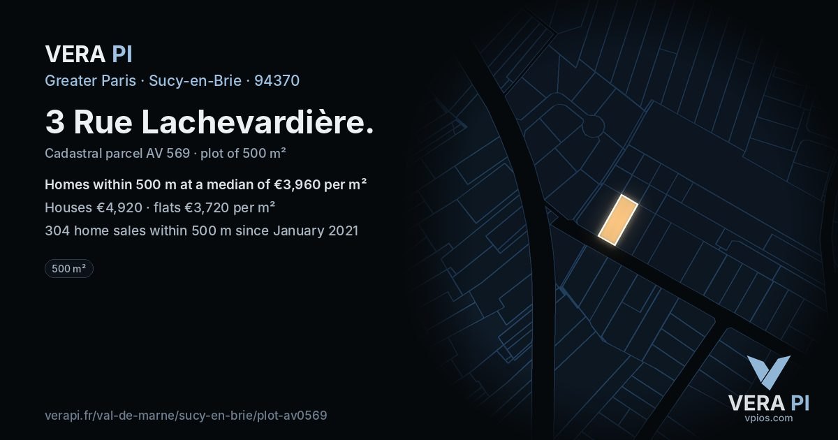3 Rue Lachevardière, Sucy-en-Brie at night – the plot lit, the parcels around coloured by the prices near them