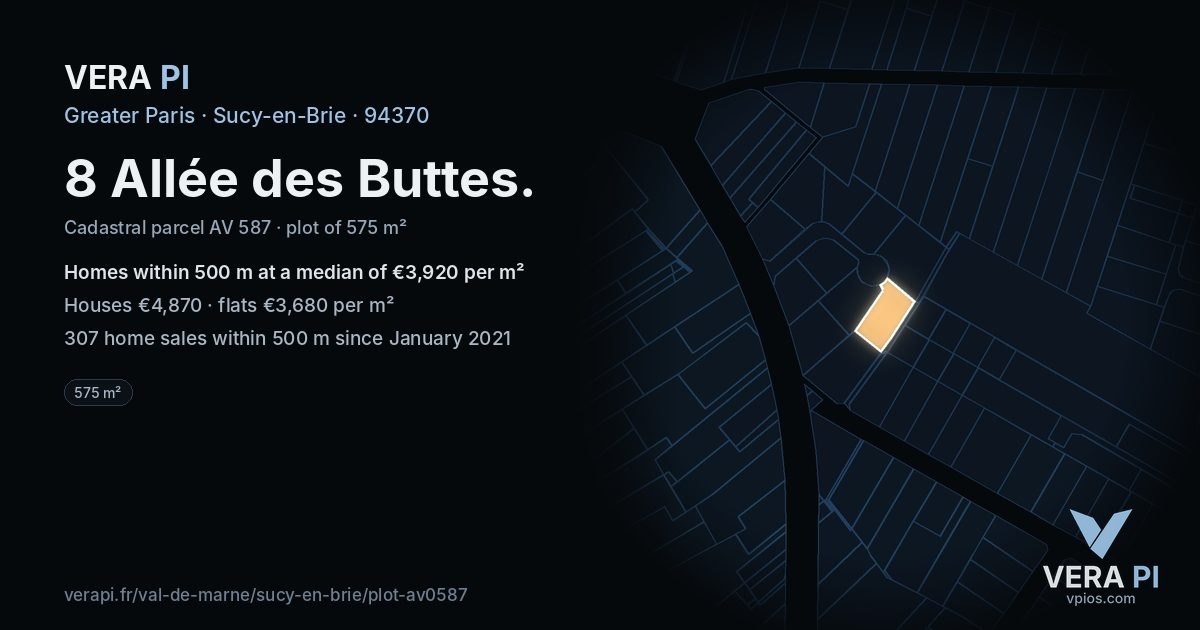 8 Allée des Buttes, Sucy-en-Brie at night – the plot lit, the parcels around coloured by the prices near them
