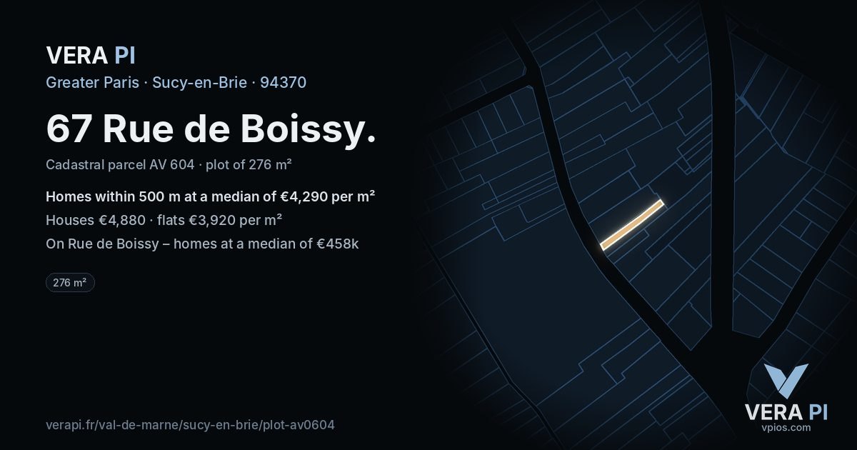 67 Rue de Boissy, Sucy-en-Brie at night – the plot lit, the parcels around coloured by the prices near them