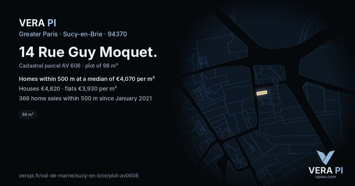 14 Rue Guy Moquet, Sucy-en-Brie at night – the plot lit, the parcels around coloured by the prices near them