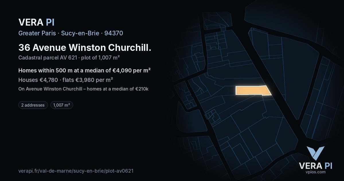 36 Avenue Winston Churchill, Sucy-en-Brie at night – the plot lit, the parcels around coloured by the prices near them