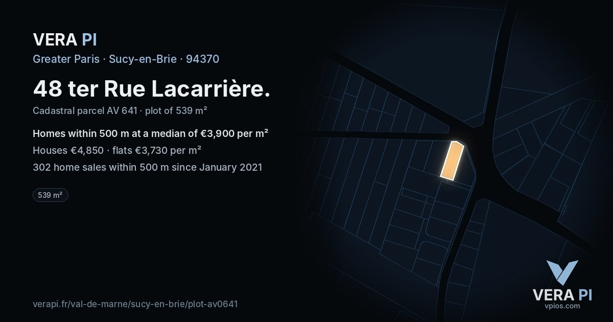 48 ter Rue Lacarrière, Sucy-en-Brie at night – the plot lit, the parcels around coloured by the prices near them