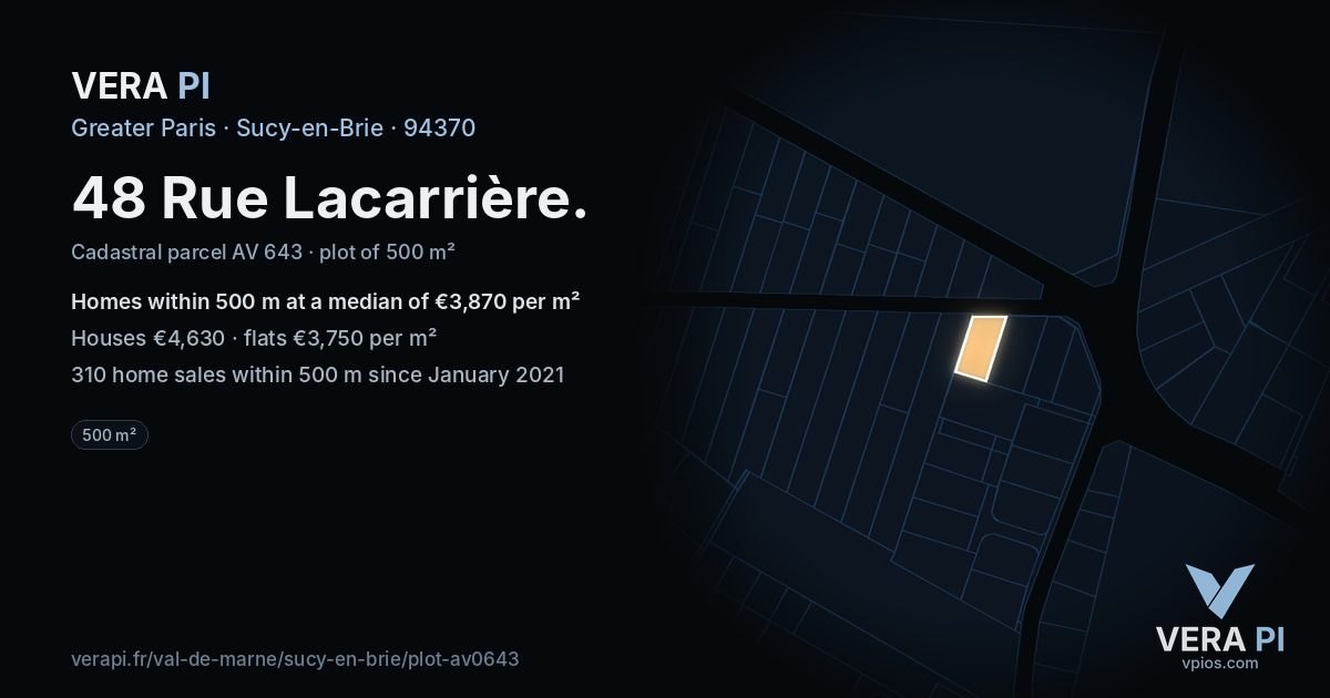 48 Rue Lacarrière, Sucy-en-Brie at night – the plot lit, the parcels around coloured by the prices near them