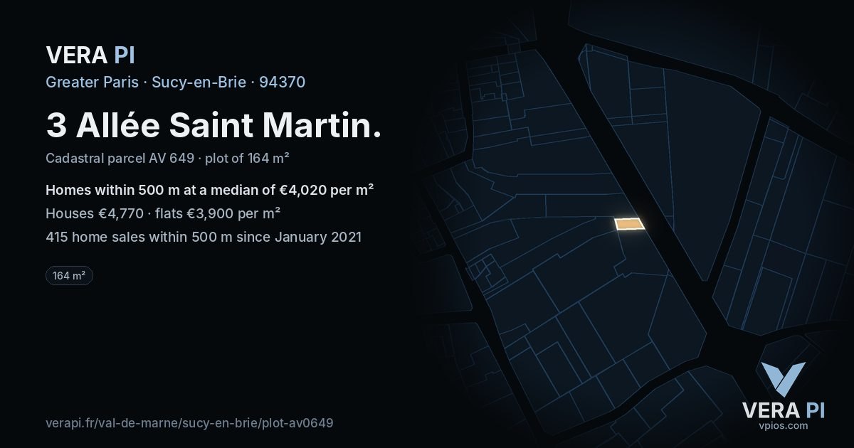 3 Allée Saint Martin, Sucy-en-Brie at night – the plot lit, the parcels around coloured by the prices near them
