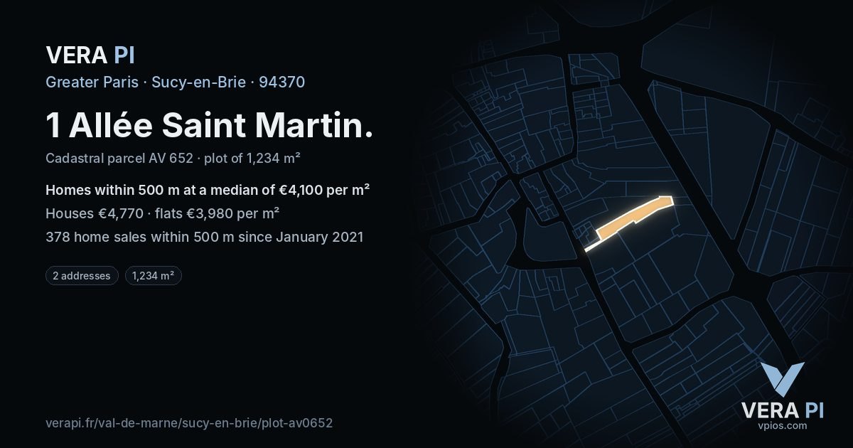 1 Allée Saint Martin, Sucy-en-Brie at night – the plot lit, the parcels around coloured by the prices near them