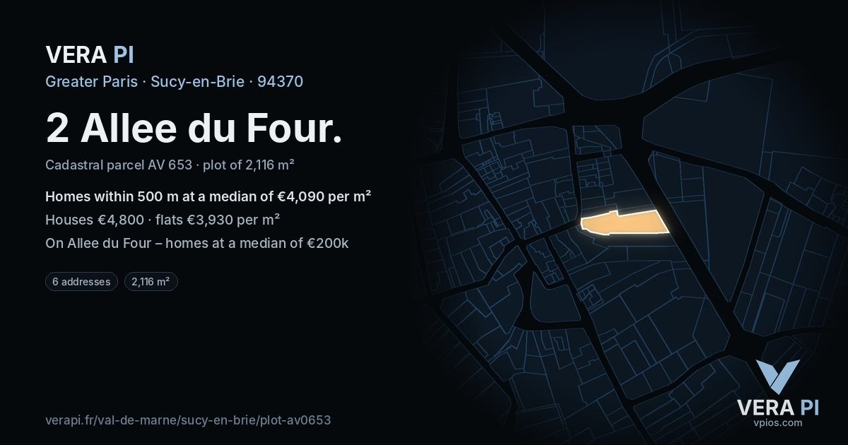 2 Allee du Four, Sucy-en-Brie at night – the plot lit, the parcels around coloured by the prices near them