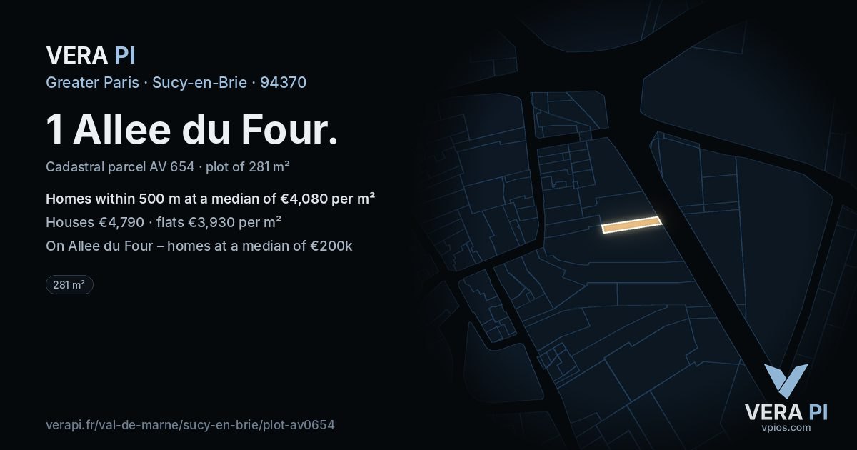 1 Allee du Four, Sucy-en-Brie at night – the plot lit, the parcels around coloured by the prices near them