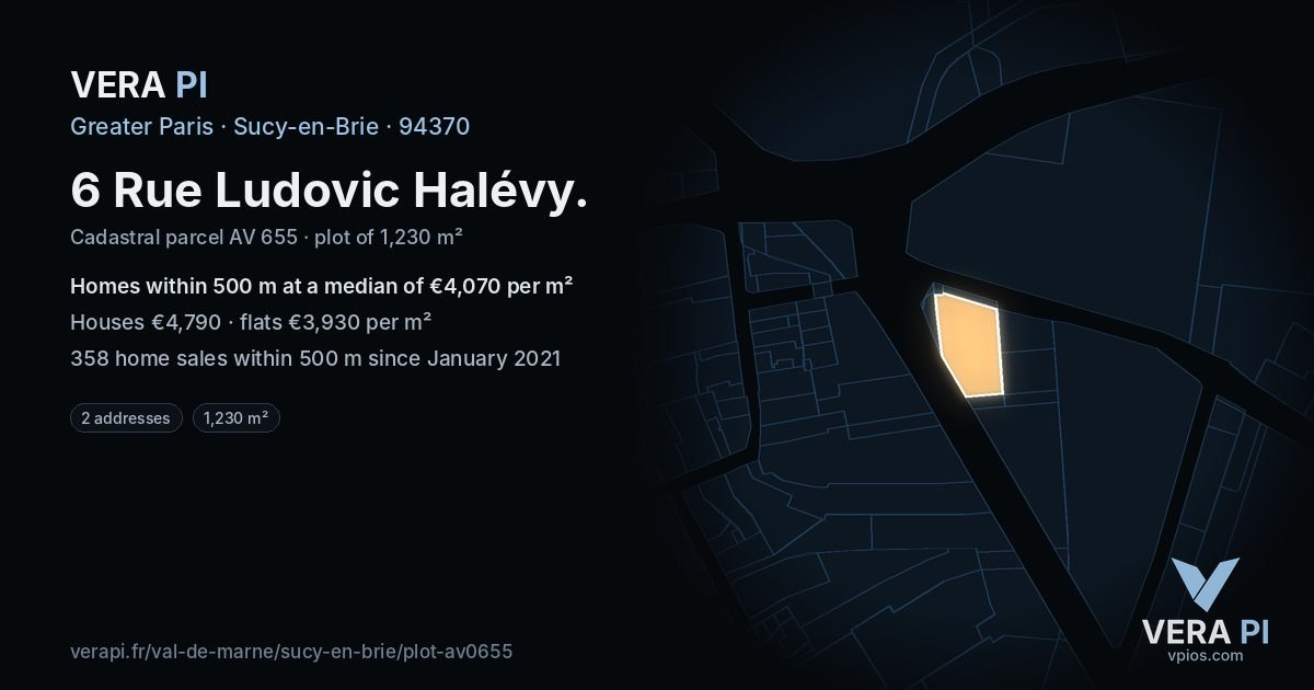 6 Rue Ludovic Halévy, Sucy-en-Brie at night – the plot lit, the parcels around coloured by the prices near them