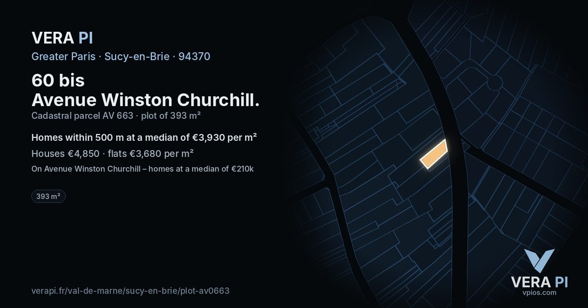 60 bis Avenue Winston Churchill, Sucy-en-Brie at night – the plot lit, the parcels around coloured by the prices near them